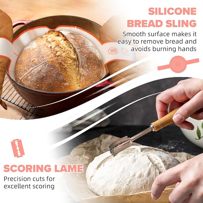 Sourdough Starter Kit, 15 Pcs Sour Dough Bread Baking Supplies for Beginners with 24 Oz Glass Starter Jar, Complete Bread Making Set with Silicone Banneton Proofing Basket, Baking Accessory