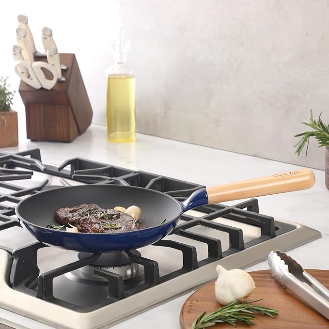 Sur La Table Kitchen Essential Main Canteen 9.5" Pre-Seasoned Cast Iron Skillet w/Wood Handle, Natural Nonstick Lightweight Frying Pan for Searing, Sautéing & Everyday Cooking - Blue