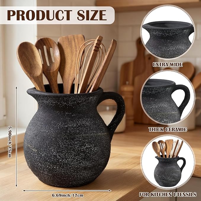 Rustic Kitchen Utensil Holder with Handle,7 Inch Ceramic Vintage Utensil Crock for Countertop, Farmhouse Kitchen Decoration Ceramic Pot for Spatulas Spoons Tongs(Classic,Antique Black Gold)