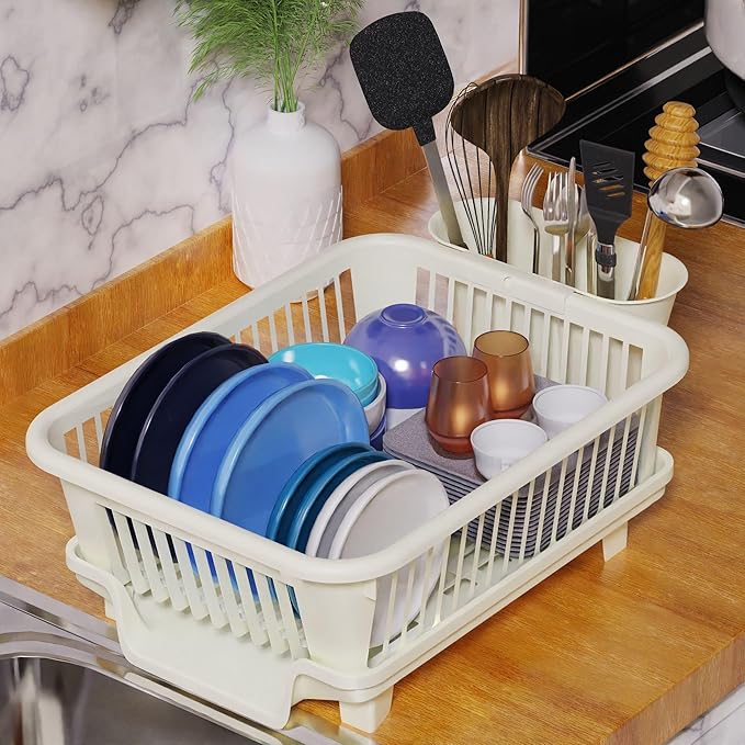 3pc Large Dish Drying Rack, Space Saving Dish Rack for Kitchen Counter, Plastic Dish Rack with Cutlery Holder and Dish Drainer