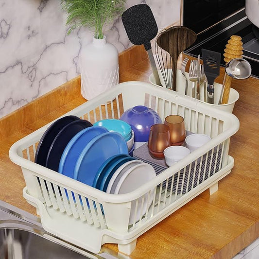 3pc Large Dish Drying Rack, Space Saving Dish Rack for Kitchen Counter, Plastic Dish Rack with Cutlery Holder and Dish Drainer