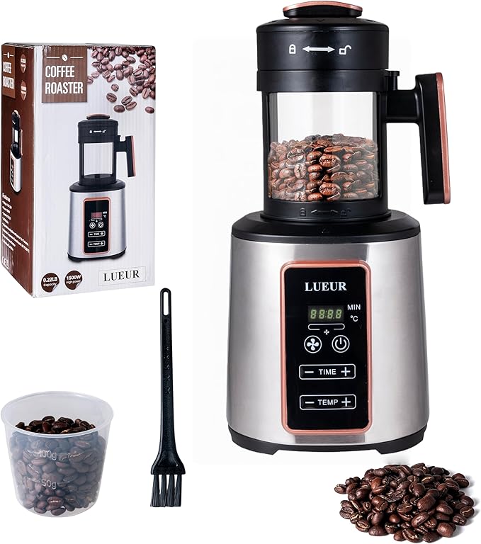 LUEUR Electric Coffee Bean Roaster Machine for Home Use, 1500W Hot Air Coffee Roaster with Adjustable Timer, Variable Heat & Air Fan Settings, Chaff Collection Basket, 100g Capacity