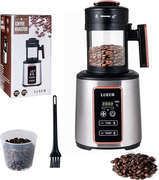 LUEUR Electric Coffee Bean Roaster Machine for Home Use, 1500W Hot Air Coffee Roaster with Adjustable Timer, Variable Heat & Air Fan Settings, Chaff Collection Basket, 100g Capacity