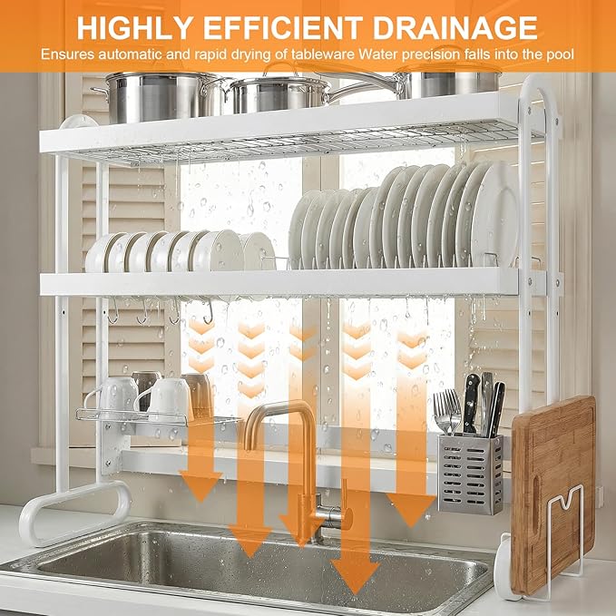 Kitchen Counter Dishrack with Utensil Holder Over Sink Dish Drying Rack Anti-Slip Thickened Sink Rack for Draining & Storing Dishes