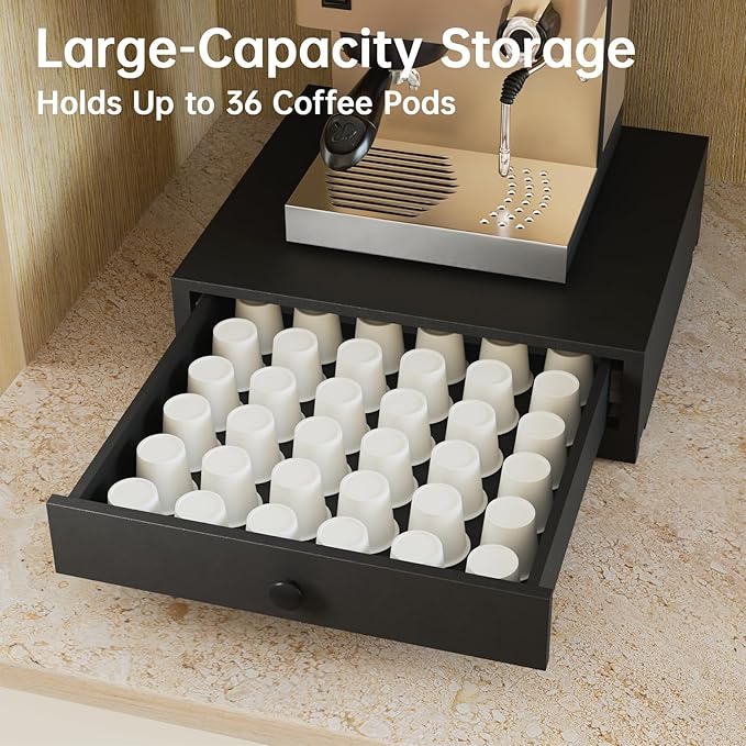 NiHome Large Wood Coffee Maker Stand with Pod Drawer Storage for K-Cup, Wooden Coffee Bar Machine Holder & Pod Storage Organizer (Black)