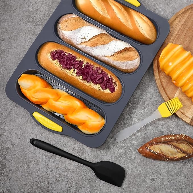Set of 5 Silicone Hamburger Bun Mold, 4/6/9 Cup Silicone Hotdog Bun Pan with Spatula Brush, Mini Baguette Pans Bread Baking Pan for Homemade Hamburger Buns