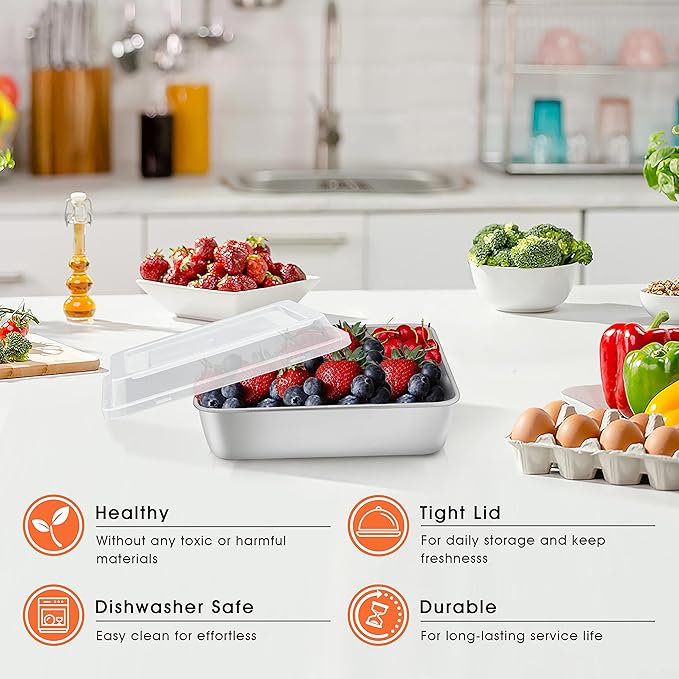 Herogo Baking Pan with Lid, 9''x 9'' Stainless Steel Nonstick Square Deep Cake Pan, Rectangle Cakes Bakeware for Brownies Casseroles, Non Toxic & Dishwasher Safe, Set of 4