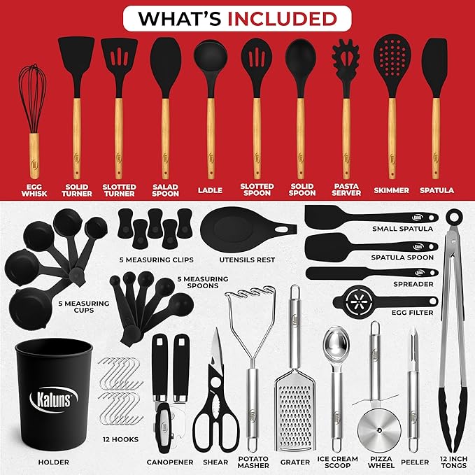Kaluns 50 PCS Silicone Kitchen Utensils Set Complete Kitchen Set - 800°F Heat Resistant Non-Stick Premium Cooking Utensils W Wooden Handles - Can Opener, Masher, Turner, Silicone Spatula Set