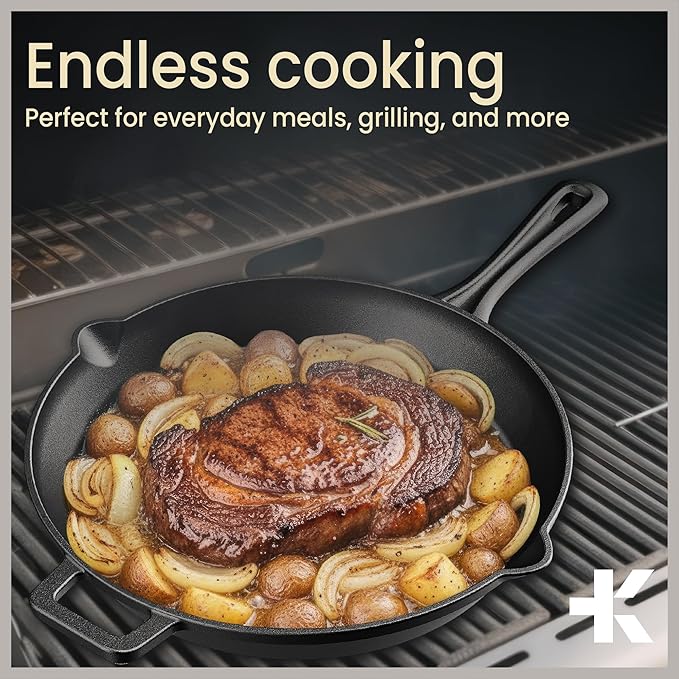 Bakken 12" Cast Iron Skillets, Pre-Seasoned Frying Pan with Even Heat Retention Cooking, Versatile for Stove, Oven, Grill & Campfire, Easy-Grip Handles, Hand Wash Only, 6.61 lbs