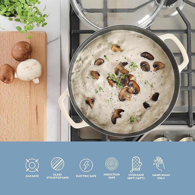Sur La Table Kitchen Essential Supper Club 5-Quart Enamel-Coated Cast Iron Dutch Oven Pot with Oven Safe Glass Lid, Oven-to-Table Cookware for Bread, Soups, Stews & Braising - Eggshell White