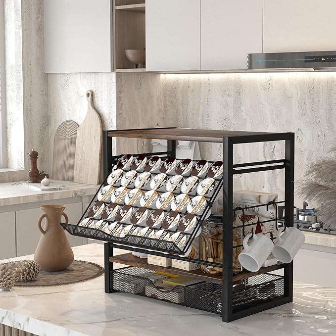 TQVAI Coffee Bar Organizer for Countertop 3-Tier 70 Capsules Coffee Station Organizer with Sliding K Cup Drawer & 4 Coffee Cup Hooks for Coffee Bar Accessories, Black