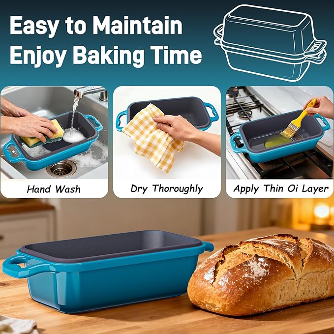 Enameled Cast Iron Sourdough Bread Dutch Oven, 9x5 Inch Loaf Cast Iron Bread Pan for Homemade Bread Baking, Sourdough Baking Pans, Meatloaf Pan with Lid, 2 Piece set, Emerald
