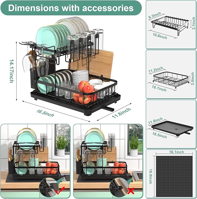 2 Tier Dish Drying Rack with Drainboard, Large Dish Organizer and Strainer Set for Kitchen Counter with Mat, Wine Glass Holder and Utensil Holder