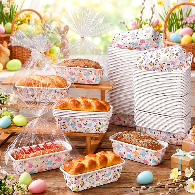 Honeydak 100 Sets Easter Paper Baking Pans Bulk Paper Loaf Pans for Baking 6.3 x 2.2 x 2.2 in Spring Disposable Serving Tray Bunny Chick Egg Patterns Party Supplies (Easter)