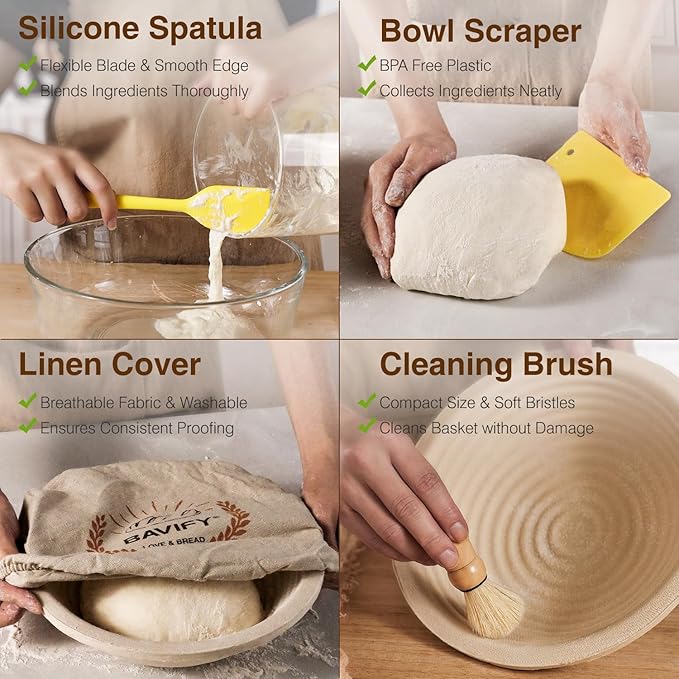 Sourdough Starter Kit, 9" Round 1KG Wood Pulp Banneton Bread Proofing Baskets Set, Sourdough Bread Baking Supplies Making Tools with Dough Scraper, Whisk, Bread Lame, Recipe