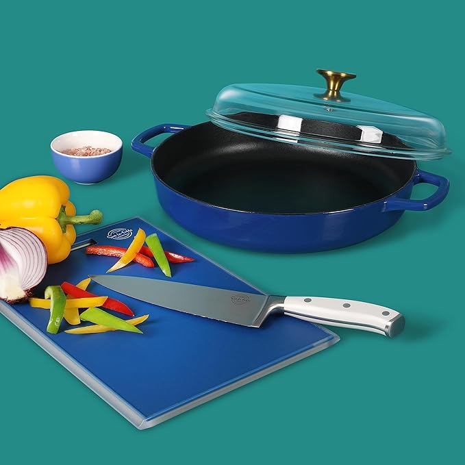 Sur La Table Kitchen Essentials Supper Club 3.75 Quart Enamel Cast Iron All In One Multi-Purpose Non-Toxic Nonstick Braiser Pan W/Borosilicate Glass Lid - Blue