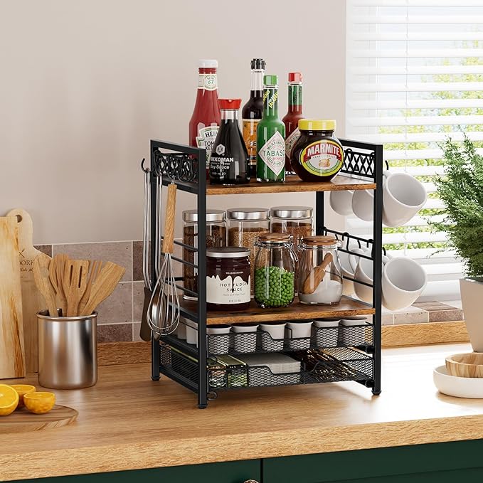 Coffee Bar Organizer Countertop Station Shelf, 4 Tier Mug Cup Holder Stand with 12 Hooks, 30 K Cup Coffee Pod Holder, Multifunctional Coffee Shelf Organizer for Accessories Station Kitchen