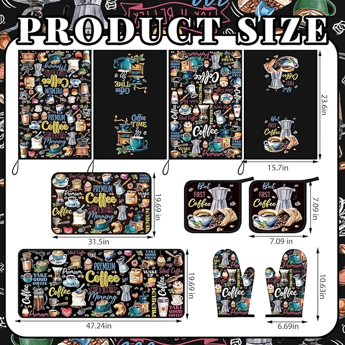 10 Pcs Coffee Kitchen Decor Set Coffee Kitchen Dish Towels Oven Mitts and Pot Holders Farmhouse Rugs Mats Vintage Black Potholders for Chef Baking Cooking Grilling BBQ Women Accessories Gift