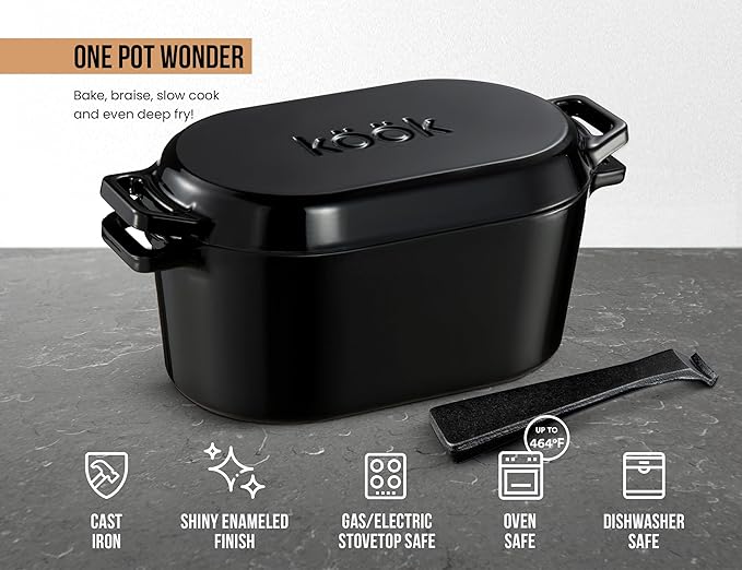 KooK Dutch Oven, for Bread Baking, Sourdough Loaf Pan, with Lid, Dual Handles, Enameled Cast Iron, includes Lid Lever, Dishwasher Safe, 3.4 Qt, Black