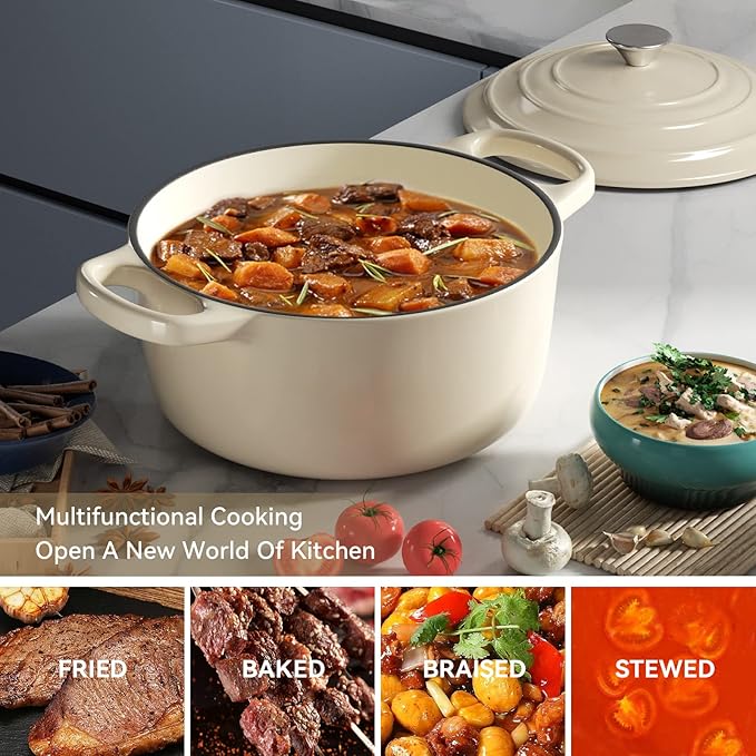 Miereirl 6 Quart Enameled Dutch Oven Pot with Lid, Cast Iron Dutch Oven with Dual Handles for Bread Baking, Cooking, Non-stick Enamel Coated Cookware (Beige)