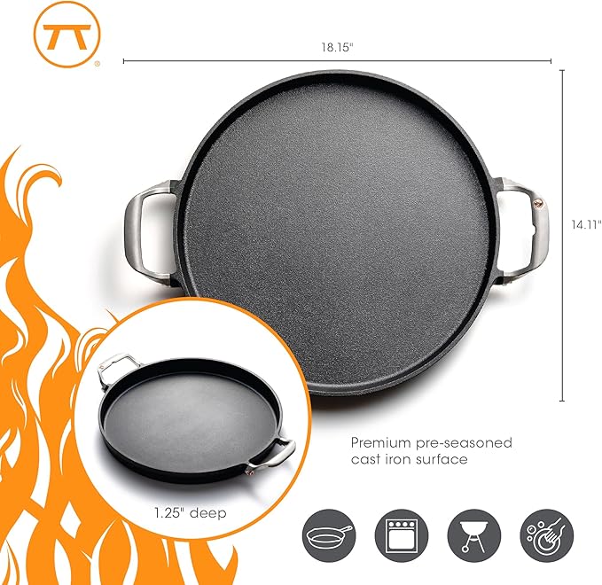 Outset Grill Paella and Deep Dish Pizza Pan, Cast Iron BBQ Pan with Handles, 18.15” x 14.11” x 1.25"