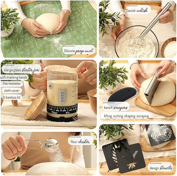 All-Inclusive 𝗣𝗥𝗘𝗠𝗜𝗨𝗠 Sourdough Starter Kit with Pot, 34 Oz Starter Jar, 4 Banneton Bread Proofing Baskets, Scraper, Scale, Sourdough Bread Baking Supplies, Beginner Guide & Recipes