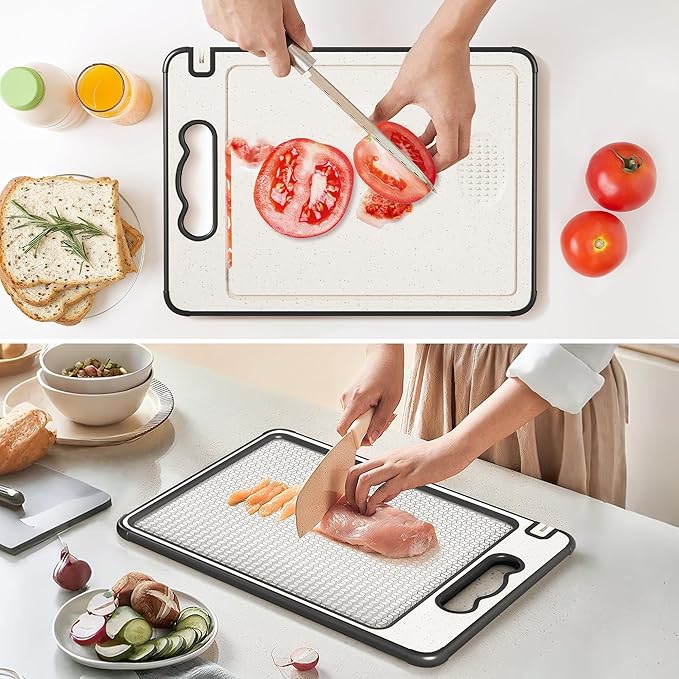 Double Sided 304 Stainless Steel & Wheat Straw Cutting Board, 14.4"*9.8" Non Toxic Lightweight Chopping Board, Separately Handle Meat and Vegetables, Dishwasher Safe, Scratch Resistant Mesh Design
