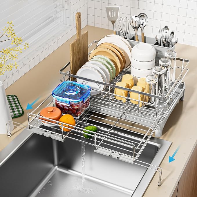 Dish Drying Rack, 304 Stainless Steel Expandable Dish Drainer for Kitchen Counter, Space-Saving with Utensil Holder, Gray