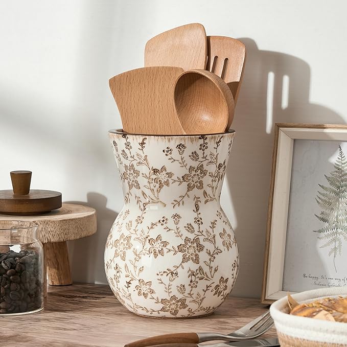 JIEMEI HOME Kitchen Utensil Holder, 7.56" Ceramic Large Rustic Utensil Crock for Countertop, Farmhouse Cooking Tool Organizer, Spatula Holder For Kitchen Decor, Brown Floral