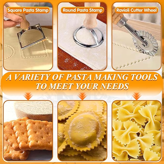 Pasta Making Tools, 9 Piece Wood Pasta Making Kit with 3 Rolling Pins, 1 Pasta Drying Rack, 1 Gnocchi Board, 1 Dough Cutter, 1 Ravioli Cutter, 2 Pasta Stamps, Ravioli Pasta Cutter Set for Pasta Maker