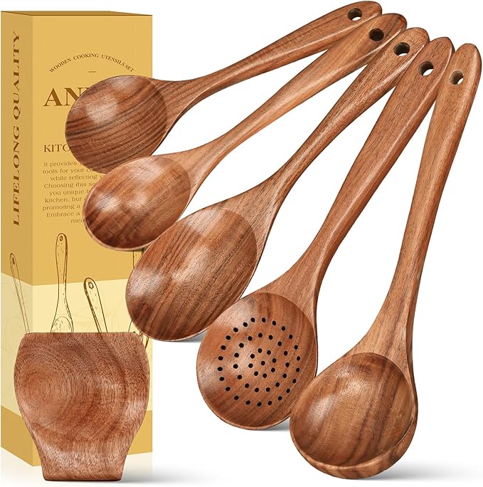 ANBUY Wooden Spoons for Cooking, 6 Pcs Teak Wood Kitchen Utensil Set with Spoon Rest, Ladle Salad Skimmer Spoon for Mixing Serving, Heat-Resistant Cooking Utensil, Gentle for Non Stick Cookware