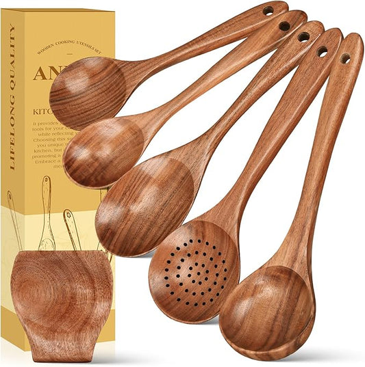ANBUY Wooden Spoons for Cooking, 6 Pcs Teak Wood Kitchen Utensil Set with Spoon Rest, Ladle Salad Skimmer Spoon for Mixing Serving, Heat-Resistant Cooking Utensil, Gentle for Non Stick Cookware