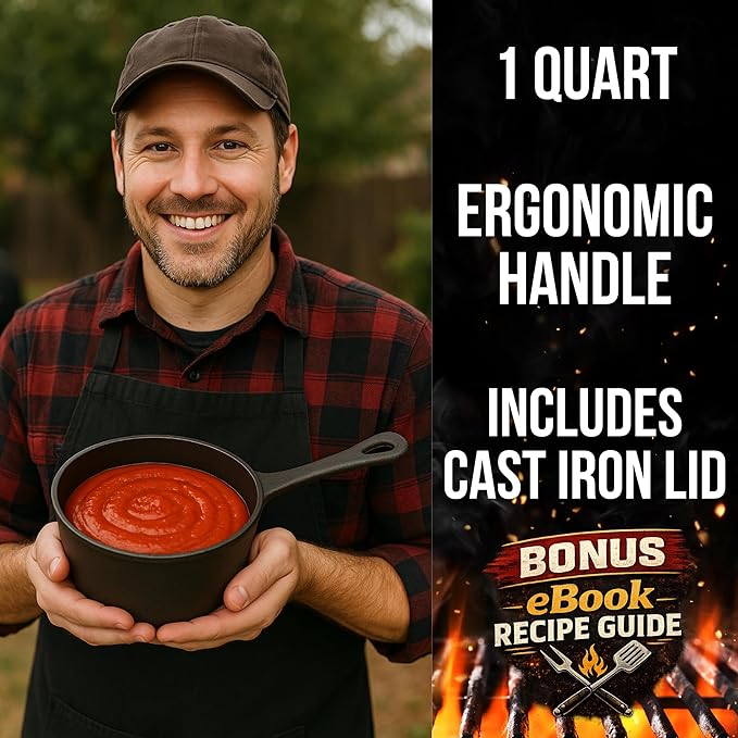 1 QT Cast Iron Sauce Pot with Lid & Wood Brush for Basting, Melting, Simmering Sauce, Butter & Cheese - Built for Cooking, Grilling & Camping - 932°F Max Even Heat Distribution - Professional Grade