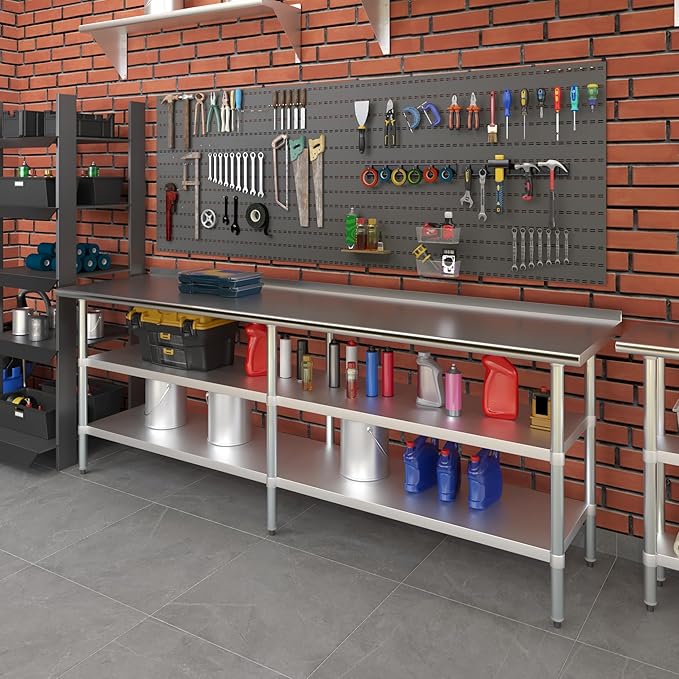 AmGood Stainless Steel Work Table with 1.5" Backsplash and 2 Shelves | Metal Kitchen Food Prep Table | NSF (96" Long x 24" Deep)