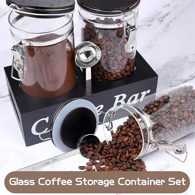 WYTAOHZL 2PCS Glass Coffee Containers with Shelf 54 oz Coffee Station Organizer Glass Bean Storage with Spoon Canister Set Jars with Airtight Locking Clamp for Bean Sugar Nuts