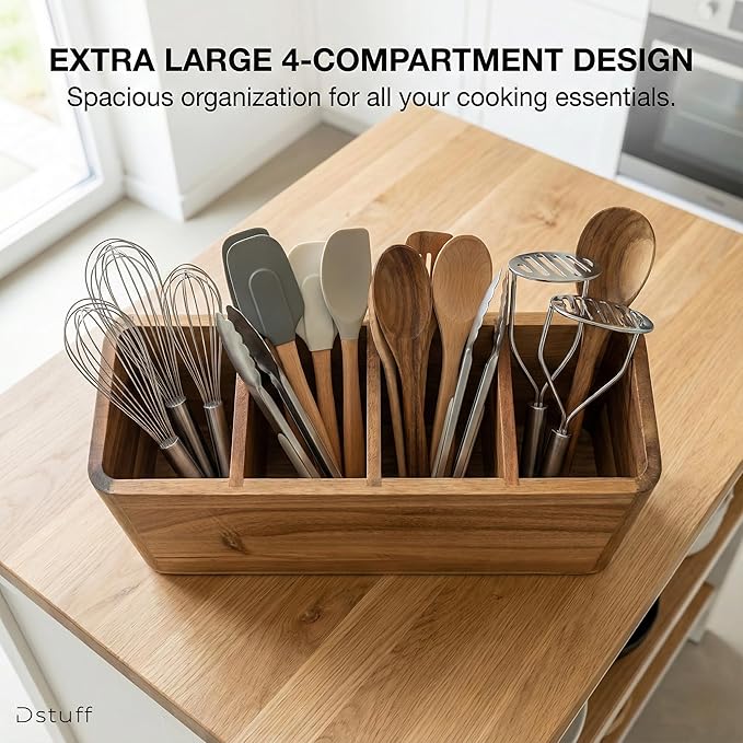 Dstuff Large Kitchen Utensil Holder Organizer for Counter or Countertop, Wooden Storage Container for Cooking and Silverware, Acacia Rustic Wood (4 Compartments)