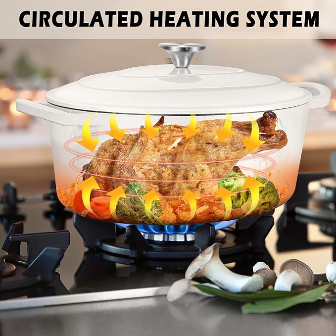 TeamFar 7QT Oval Dutch Oven, Enameled Cast Iron Dutch Oven Pot with Lid, For Bread Baking/Stewing/Braising/Frying, Suitable for Various Stoves, Non-stick & Easy Clean, White