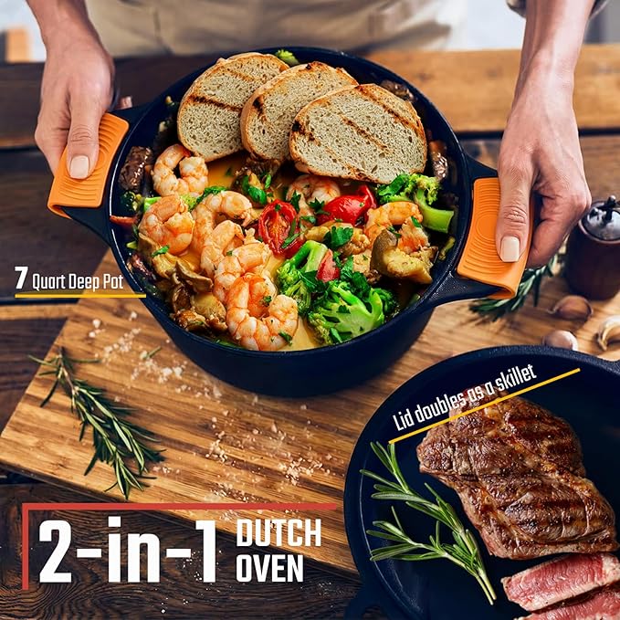 Overmont 2-in-1 Cast Iron Dutch Oven - 7QT Pre-Seasoned All-in-One Casserole Braising Pan with Skillet Lid Cookbook & Silicone Handle Covers - Heavy Duty Oven-Safe Pot for Bread Baking Frying Camping