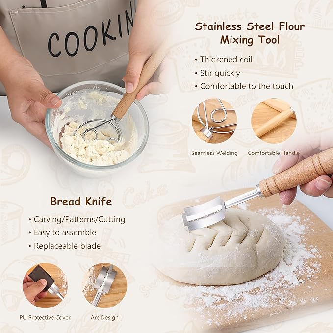 17-Piece Sourdough Starter Kit – Silicone Bread Proofing Basket Set with Round & Oval Food-Grade Bannetons, Liners, Whisk, Lame, Jar, and Baking Tools for Homemade Bread