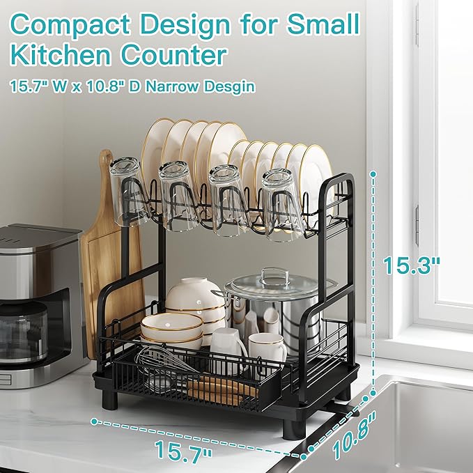 romision Capacity Dish Drainers Drying Rack, Metal Stainless Steel Rust Proof Plate Strainers Holder with Drainboard Tray, Space Saving, On Counter 2 Tier, Black