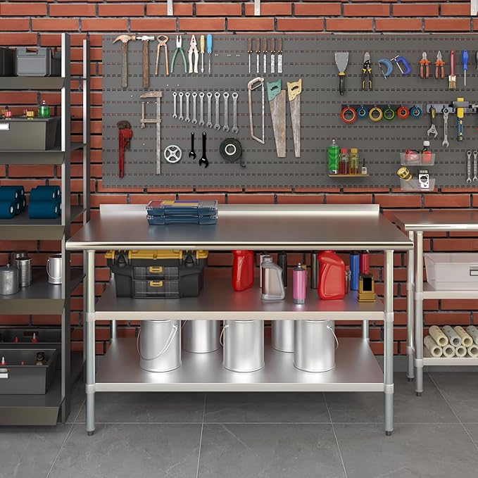 AmGood Stainless Steel Work Table with 1.5" Backsplash and 2 Shelves | Metal Kitchen Food Prep Table | NSF (60" Long x 30" Deep)