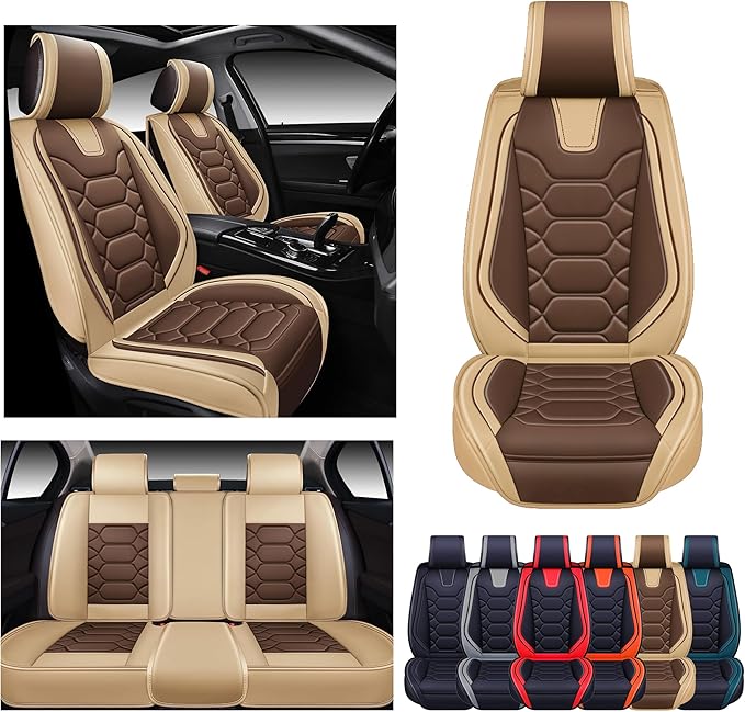OASIS AUTO Car Seat Covers Full Set, Sporty Faux Leather with Honeycomb Pattern, Waterproof Universal Fit for SUV, Sedan, Pick-up Truck, Automotive Interior Accessories (OS-004 Coffee)