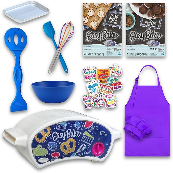 Ultimate Easy Baking Oven Bundle For Kids With 19 Items - Oven, 2 Refill Mixes, Apron, Hat, Bowl, Spatula, Whisk, 9 Stickers, Baking Pan & Tool (Powerful Purple Baker Bundle)