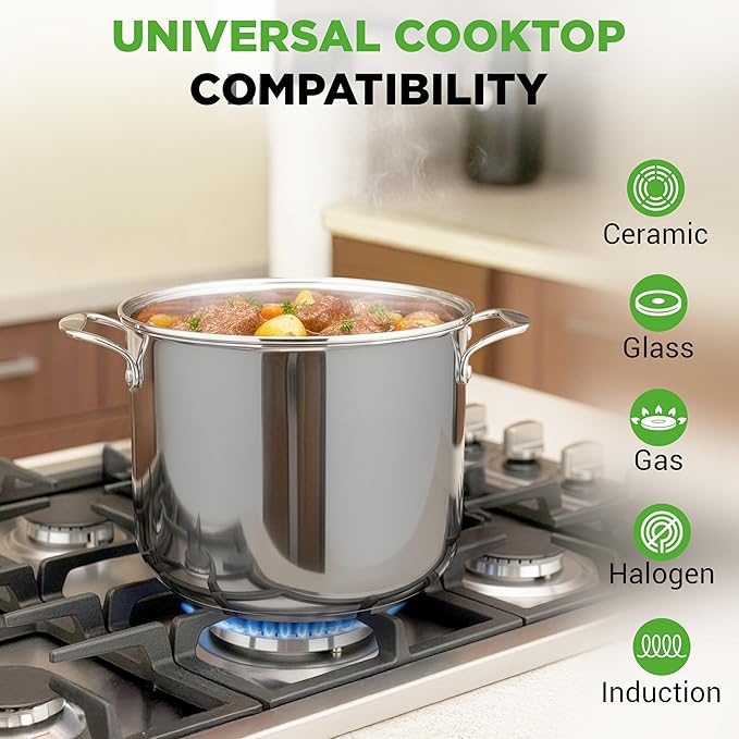 NutriChef 12-Quart Stainless Steel Stockpot – 18/8 Food Grade Heavy-Duty Induction-Compatible Pot with See-Through Lid, Ideal for Stews, Broths, Simmering & Soups, Dishwasher Safe – NCSP12