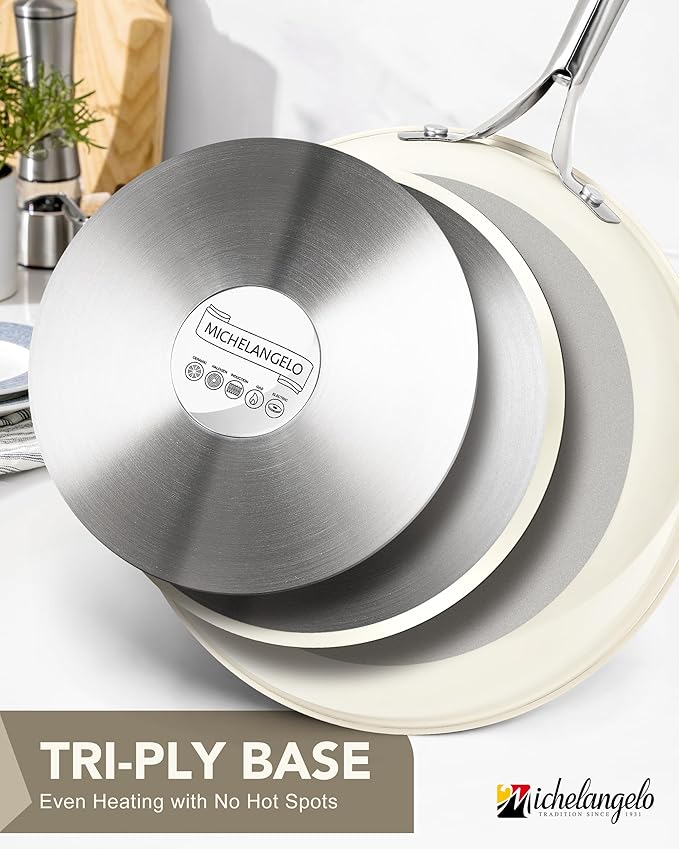 MICHELANGELO Stainless Steel Frying Pan Set, 8" 9.5" 11" Induction Pan, Triply Base Cooking Pans with Ergonomic Handle, for All Stove - Beige