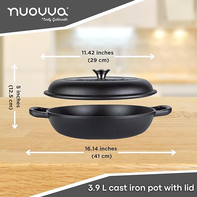 Cast Iron Dutch Oven with Lid – Non Stick Shallow Dutch Oven Pot, Oven Safe up to 500° F – Sturdy Cooking Pot – Enamelled Stockpot Cookware – Black, 3.7-Quart, 30cm – by Nuovva