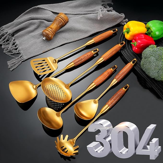 Gold Kitchen Utensils Set with Wooden Handle, 6 PCS Professional Stainless Steel Cooking Utensils Set, Wok Spatula, Ladle, Skimmer, Slotted Spatula Turner, Spaghetti Spoon, Large Spoon