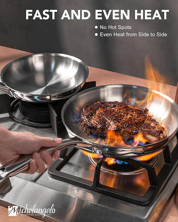 MICHELANGELO Tri-Ply Stainless Steel Frying Pan Set, 8" 9.5" 11" Skillets, Full Clad Stainless Steel Pans for Even Heating, Durable Cooking Pan Set for Home Chefs & Everyday Cooking