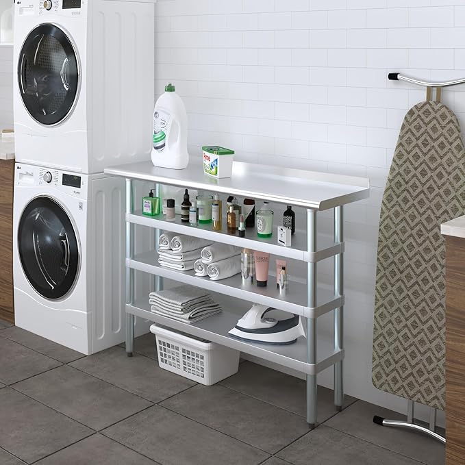 AmGood Stainless Steel Work Table with 1.5" Backsplash and 3 Shelves | Metal Kitchen Food Prep Table | NSF (48" Long x 14" Deep)