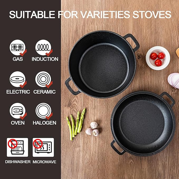 Cast Iron Pot with Lid, 10 Inch Dutch Oven Pot with Lid & Skillet Lid, 2-in-1 Pot & Pan Set for Bread Baking, Camping, Frying & Outdoor Cooking